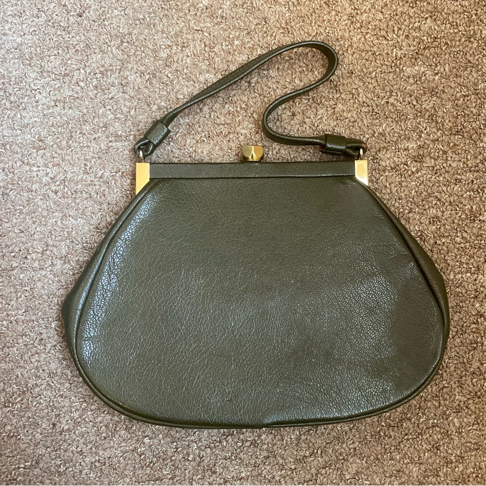 Vintage Green Crescent Leather Shoulder Bag with Gold Accents